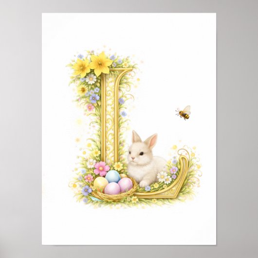 Letter L Gold Spring Nature Monogram White Bunny Poster (Voorkant)