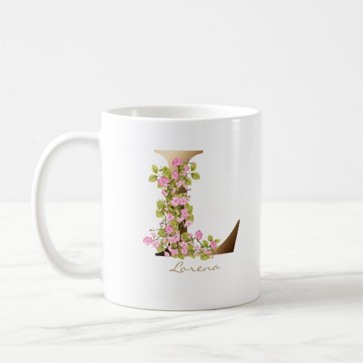 Letter L goud monogram | Roze kersenbloesems Koffiemok (Links)