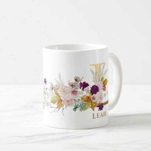 Letter L - Gouden bloem naam zus collega vriend Koffiemok (Voorkant rechts)