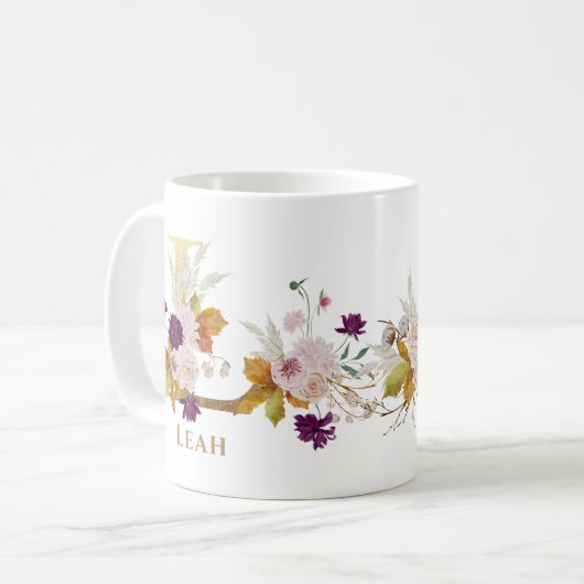 Letter L - Gouden bloem naam zus collega vriend Koffiemok (Voorkant links)