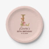 Letter L Gouden Monogram Roze Rozen Papieren Bordje (Voorkant)