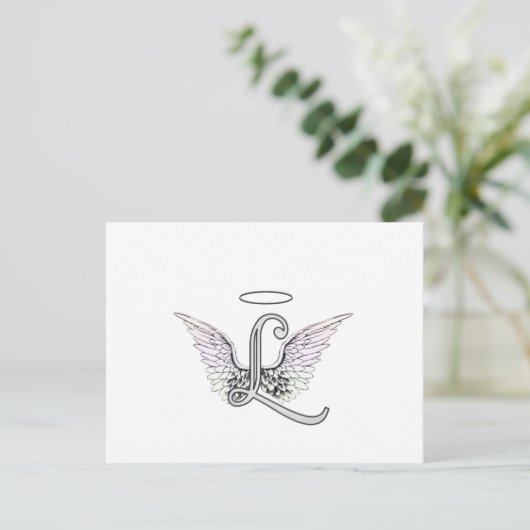 Letter L Initiaal Monogram met Angel Wings & Halo Briefkaart (Staand voorkant)
