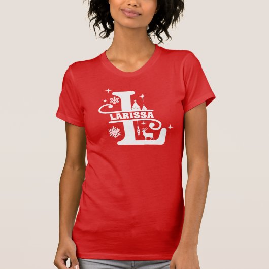 Letter L Kerstmonogram Initiaal Naam Rood T-shirt (Voorkant)