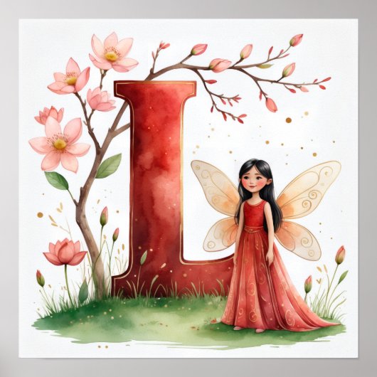 Letter L Lotus Flower Fairy Art Poster - Botanical (Voorkant)