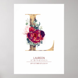 Letter L Monogram Bloem Burgundyrood en Goud Poster
