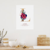Letter L Monogram Florale Navyblauw en Bordeauxroo Poster (Keuken)
