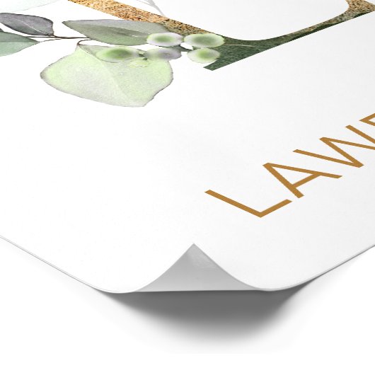 Letter L Monogram Groen goudbladerblad Nursery Poster (Hoek)