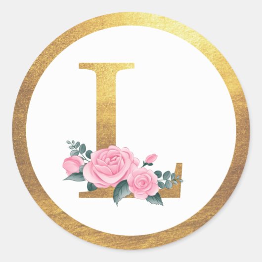 Letter L Monogram Roze Rozen Bloemen & Elegant Gou Ronde Sticker (Voorkant)