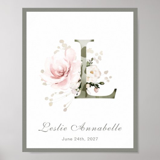 Letter L Monogram Roze White Floral Nursery Poster (Voorkant)