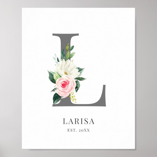 Letter L Monogram Waterverf Bloemen Poster (Voorkant)