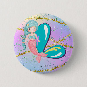 Letter L Monogram Waterverf Cute Mermaid Nursery Ronde Button 5,7 Cm
