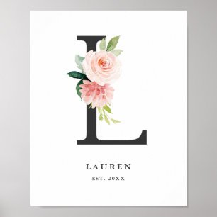 Letter L Monogram Waterverf Peach Florals Nursery Poster