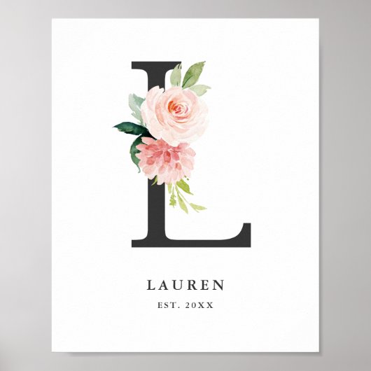 Letter L Monogram Waterverf Peach Florals Nursery Poster (Voorkant)