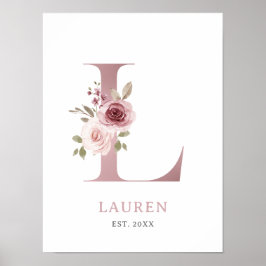 Letter L Monogram Waterverf Roos Bloemen Kinderkam Poster