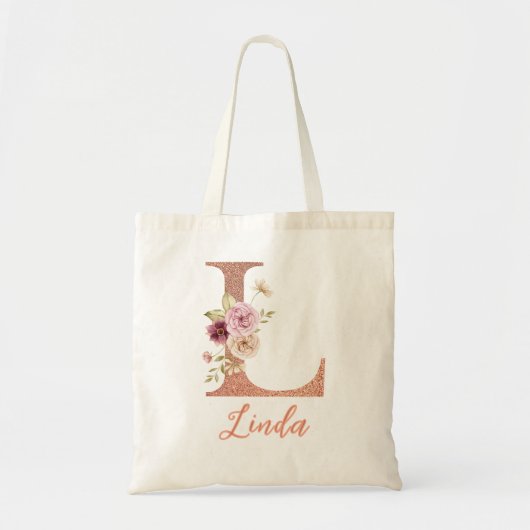 Letter L Roze glinsterende bloemrijke monogram Tote Bag (Voorkant)