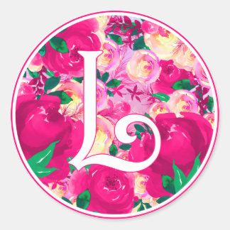 Letter L Roze Waterverf Bloemencirkel Monogram Ronde Sticker