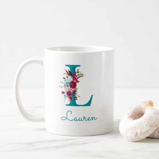 Letter L Turquoise Roze Bloem Koffiemok (Met donut)