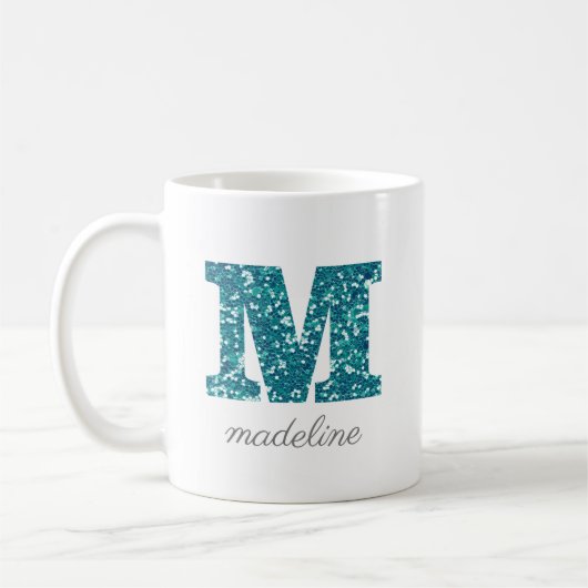 Letter M Aqua Blue Glitter Gepersonaliseerde mok (Links)
