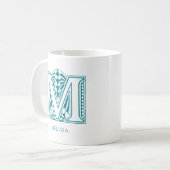 Letter M Blauwgroen Monogram Modern Name Coffee Mo Koffiemok (Voorkant links)