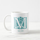 Letter M Blauwgroen Monogram Modern Name Coffee Mo Koffiemok (Links)