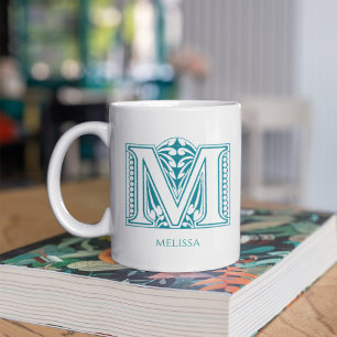 Letter M Blauwgroen Monogram Modern Name Coffee Mo Koffiemok