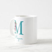 Letter M Blauwgroen Roze Bloemen Koffiemok (Voorkant links)