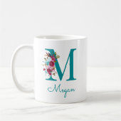 Letter M Blauwgroen Roze Bloemen Koffiemok (Links)