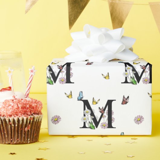 Letter M Bloemenschildering Waterverf Vlinder Mono Cadeaupapier (Verjaardagsfeest)