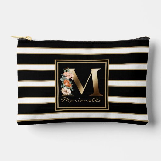 Letter M Bloemmonogram Zwart Wit Gouden Strepen Etui (Voorkant)