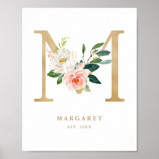 Letter M Blush Floral Monogram Gold Foil Nursery Poster (Voorkant)