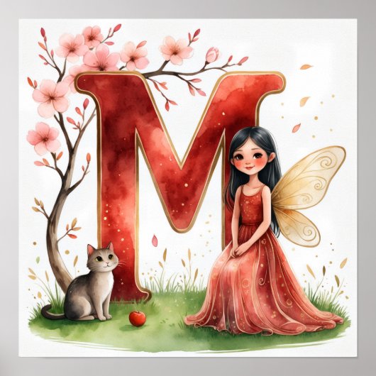 Letter M Cat Fairy Poster Feline Pet Alphabet Art (Voorkant)