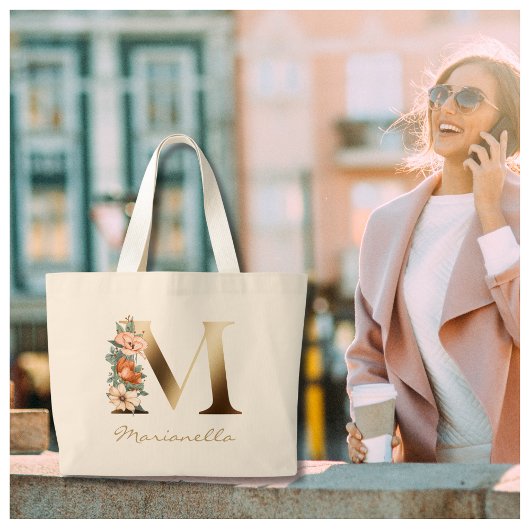Letter M Elegant Floral Gold Monogram Grote Tote Bag