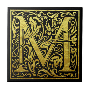 Letter M First Letter Faux Gold Black Tegeltje
