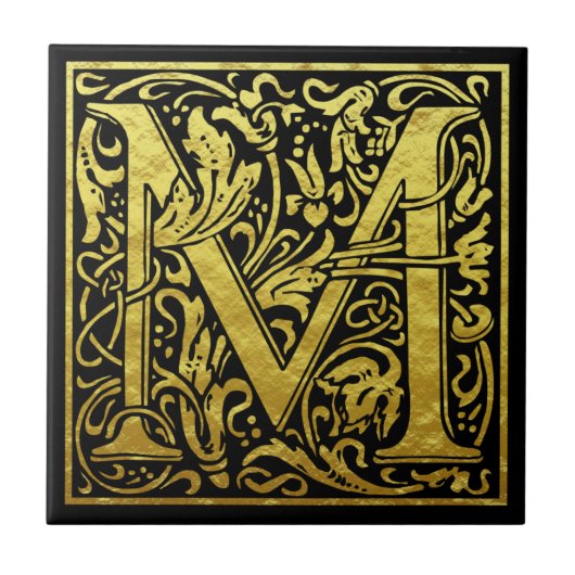 Letter M First Letter Faux Gold Black Tegeltje (Voorkant)