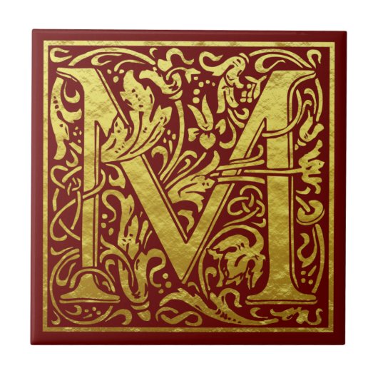 Letter M First Letter Faux Gold Red Tegeltje (Voorkant)