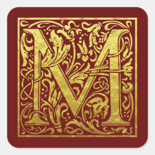 Letter M First Letter Faux Gold Red Vierkante Sticker