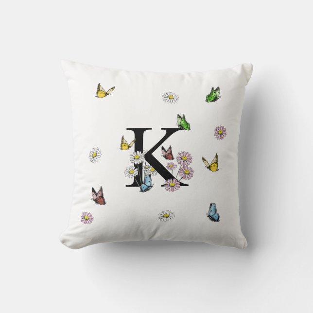 Letter M Floral Butterfly Monogram Initiaal Throw Kussen (Voorkant)