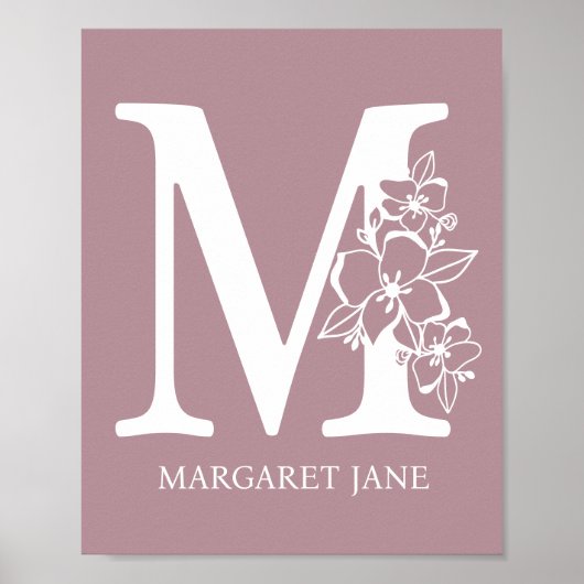 Letter M Floral Monogram Name Nursery Modern Poster (Voorkant)