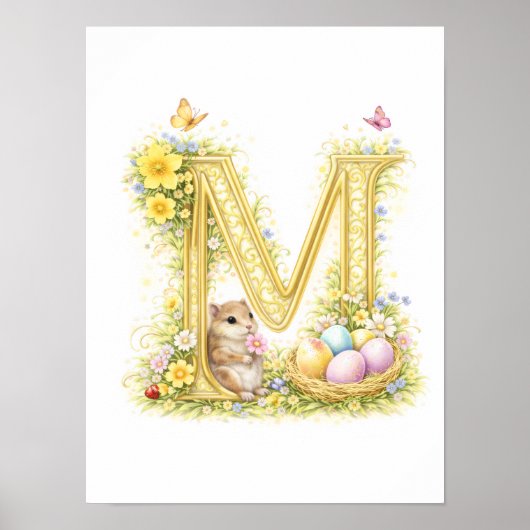 Letter M Gold Spring Nature Monogram Chipmunk Kids Poster (Voorkant)