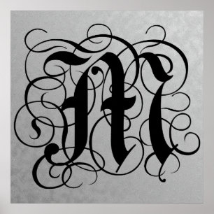 Letter M, Gothic Monogram Black Poster