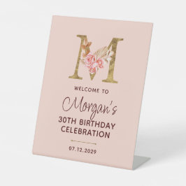 Letter M Gouden Monogram Roze Rozen Bord Reclamebord Met Voetstuk