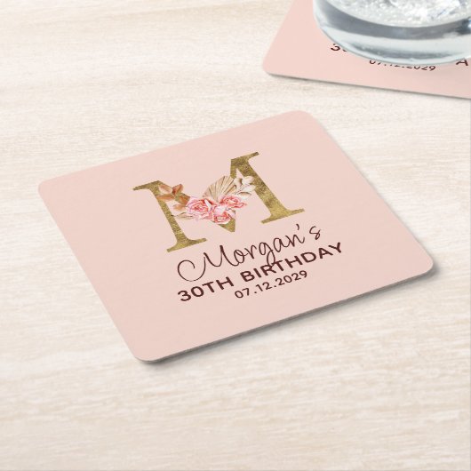 Letter M Gouden Monogram Roze Rozen Kartonnen Onderzetters (Schuin)