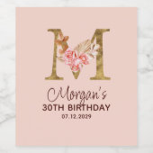 Letter M Gouden Monogram Roze Rozen Wijn Etiket (Enkel label)