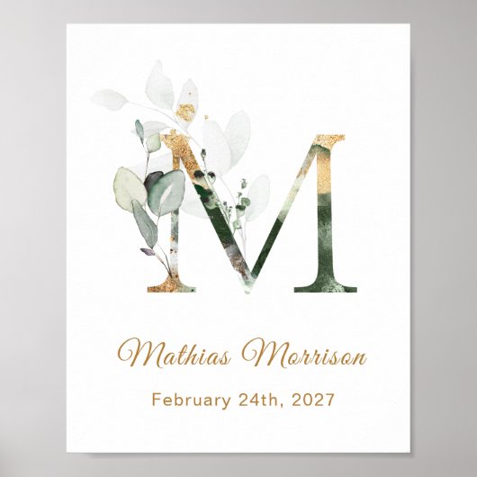 Letter M Green & gold foliage Baby Birth Poster (Voorkant)