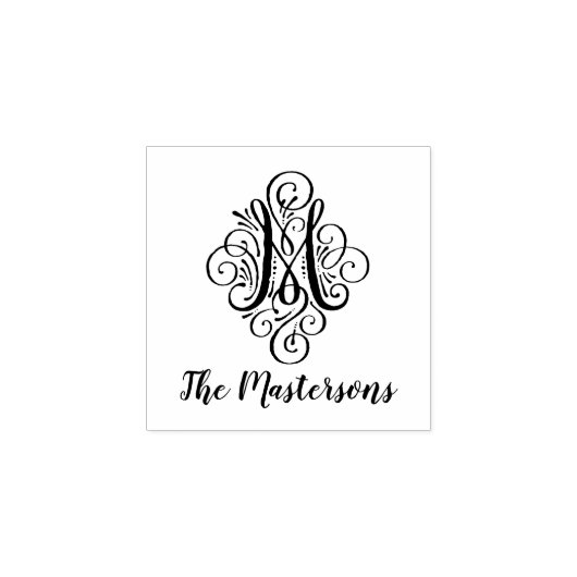 Letter M Initiaal Elegant Flourish Monogram Name Rubberstempel (Afrduk)