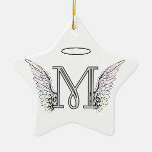 Letter M Initiaal Monogram met Angel Wings & Halo Keramisch Ornament
