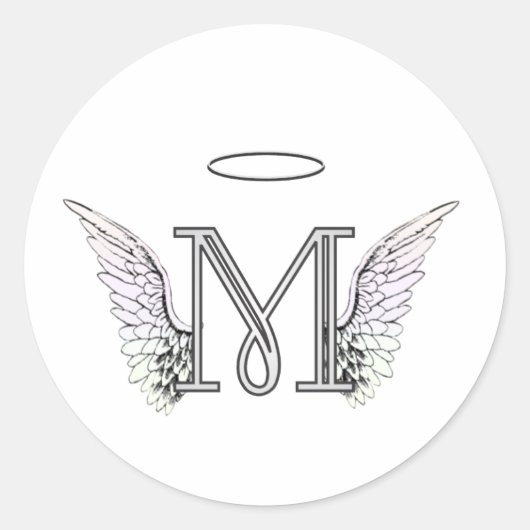 Letter M Initiaal Monogram met Angel Wings & Halo Ronde Sticker (Voorkant)