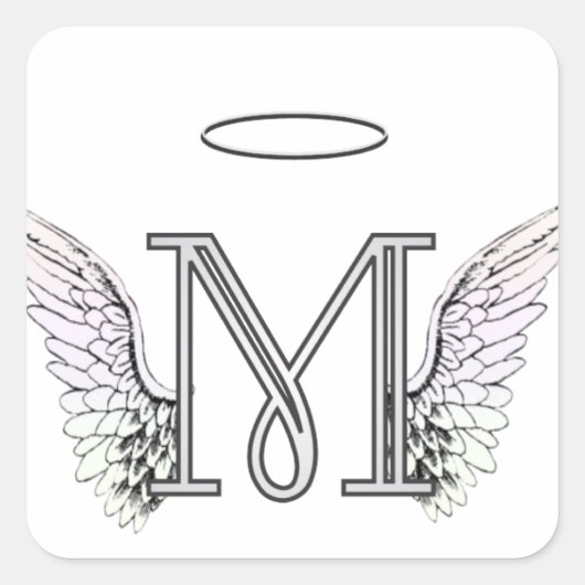 Letter M Initiaal Monogram met Angel Wings & Halo Vierkante Sticker (Voorkant)