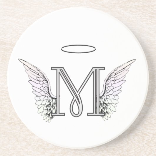 Letter M Initiaal Monogram met Angel Wings & Halo Zandsteen Onderzetter (Voorkant)