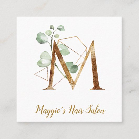 Letter M met Gold Geometric Design en Flowers Vierkante Visitekaartje (Voorkant)